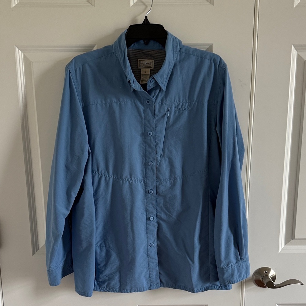 LL Bean Fishing Shirt Large Blue Button Up Vented Roll Tabs Outdoor